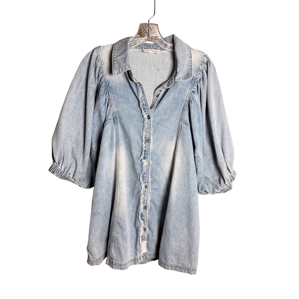 First Love Denim Top Womens L Light Wash Cotton Boho Puff Sleeve Western